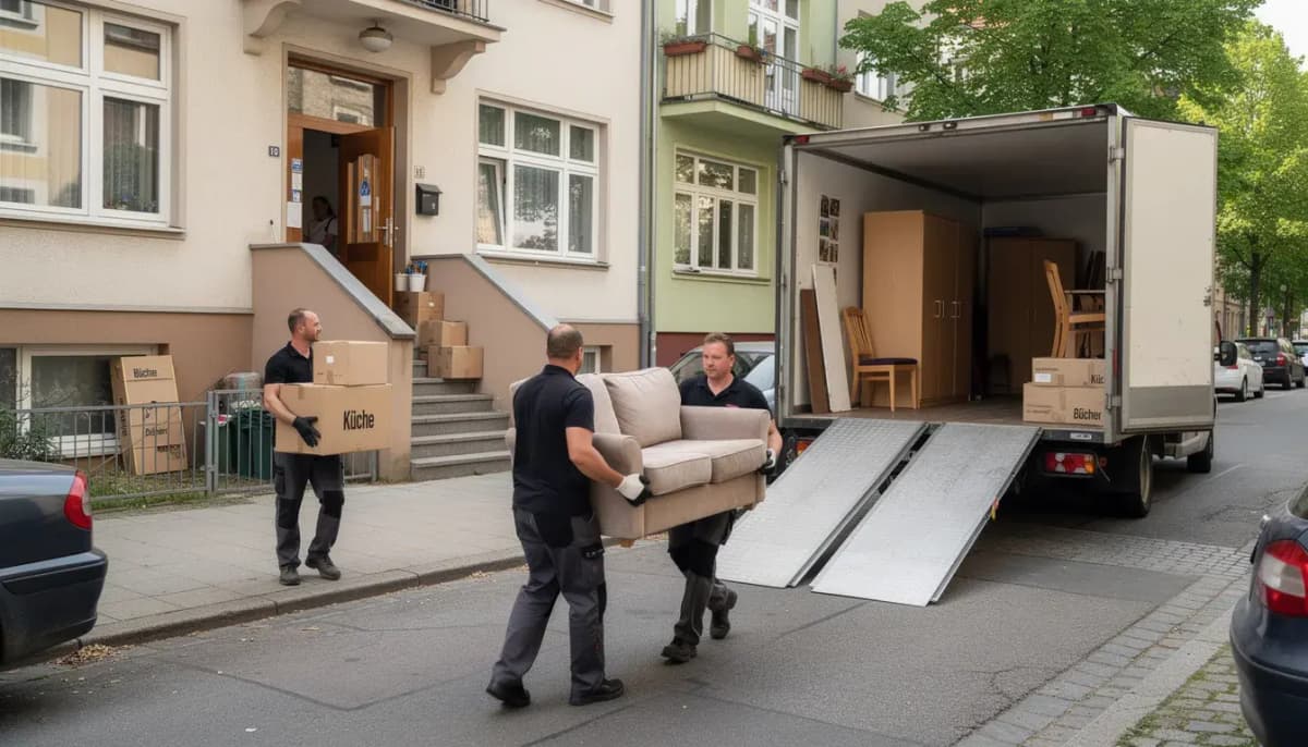 Umzugshelfer tragen Möbelstücke aus einem Wohnhaus in einen Transporter für einen reibungslosen Umzug
