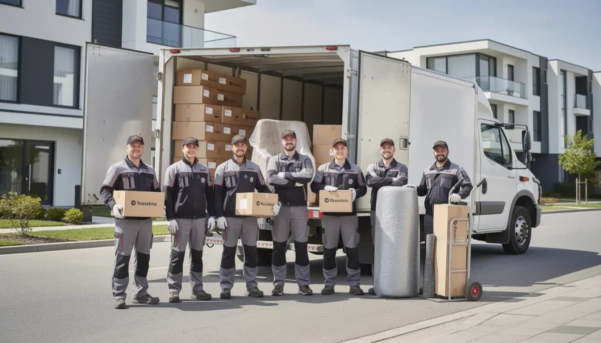 Professionelle Umzugshelfer vor einem Umzugswagen bereit für den Umzugsservice in der Schweiz