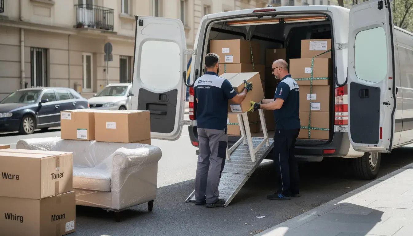 Umzugshelfer laden Kartons und Moebel in einen Transporter.