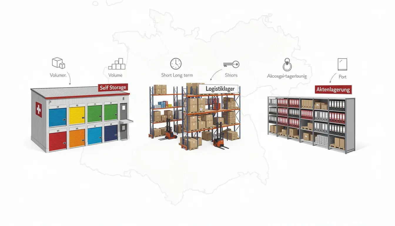 Das Bild zeigt verschiedene Lagerlösungen, die im Schweizer Markt angeboten werden, um Möbel und Umzugsgüter sicher und flexibel zu lagern. Je nach Bedarf und Platzmangel können Kunden zwischen unterschiedlichen Optionen wählen, die sich in Größe und Zugänglichkeit unterscheiden.