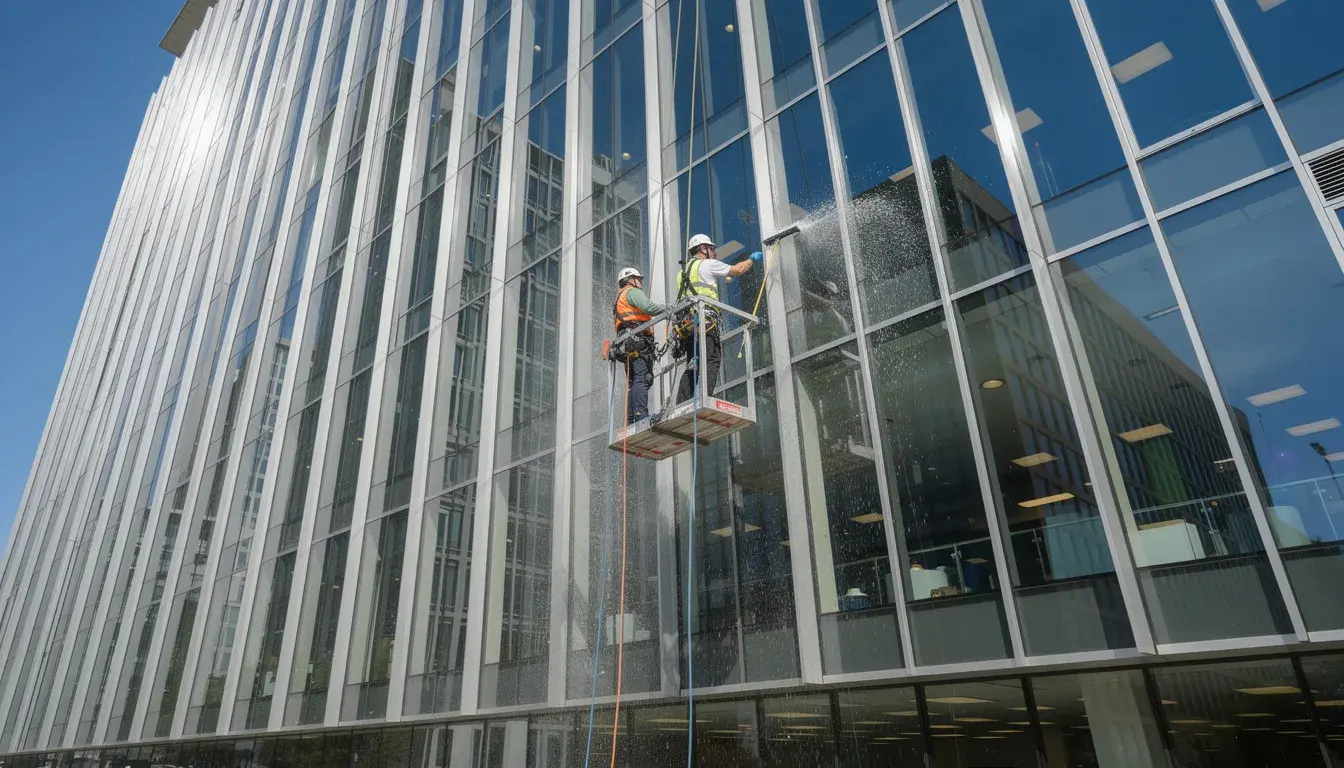 Die Abbildung zeigt ein modernes Gebäude, dessen Fenster von professionellen Reinigungskräften gereinigt werden. Die Fenster glänzen und reflektieren das Licht, während das Reinigungsteam mit speziellen Reinigungsmitteln und Techniken arbeitet, um eine gründliche Reinigung zu gewährleisten.