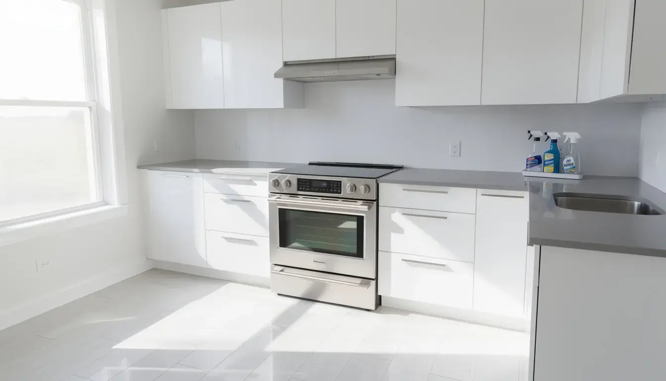 Die Abbildung zeigt eine saubere, helle Küche nach einer professionellen Reinigung, in der alle Oberflächen glänzen und die Böden makellos sind. Diese Küche ist ideal für eine Wohnungsübergabe oder als Teil einer Umzugsreinigung, die von erfahrenen Reinigungskräften durchgeführt wurde.