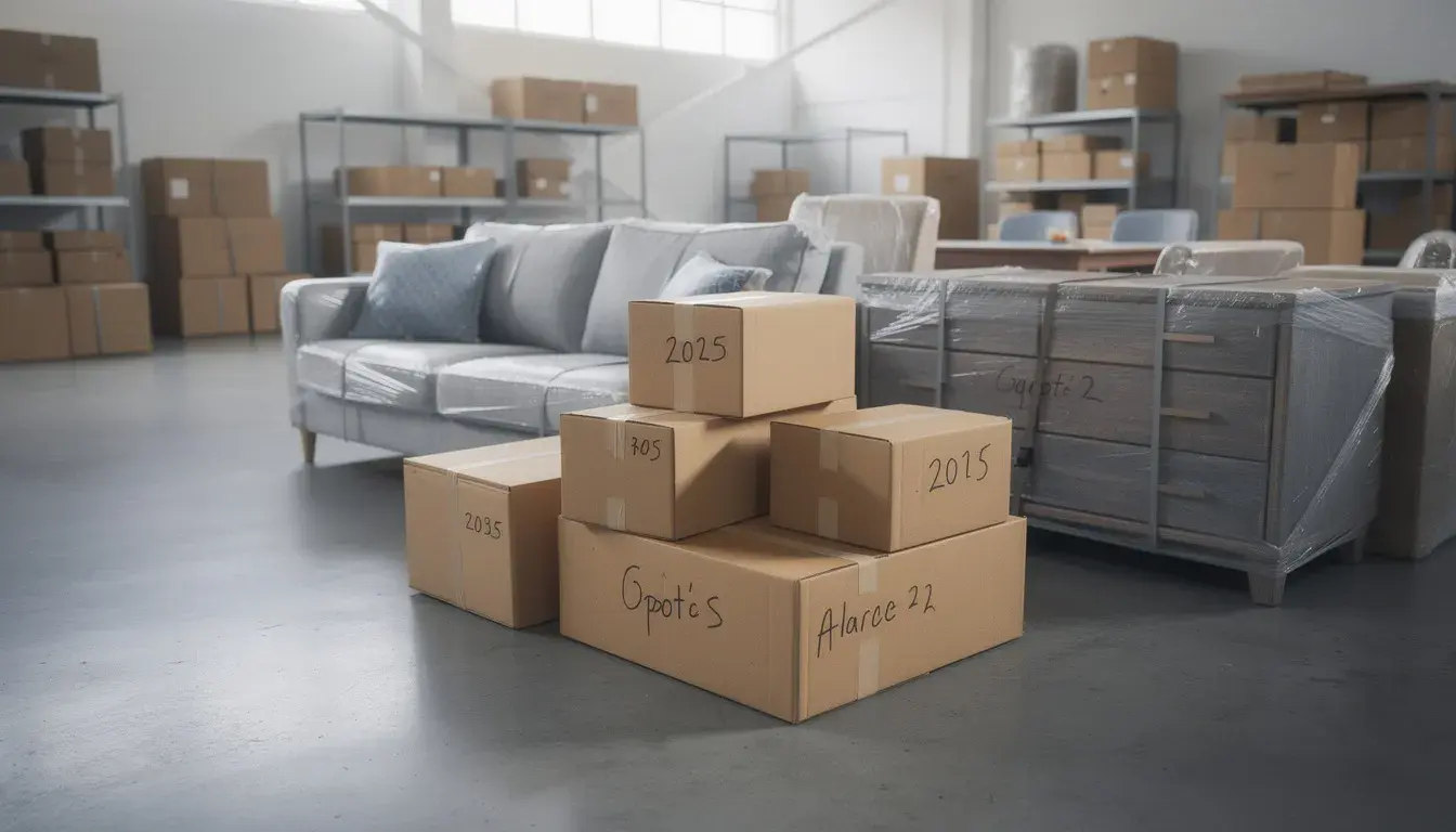 Das Bild zeigt verschiedene Optionen zur Möbel Einlagerung in der Schweiz, mit einem Fokus auf die Vergleichsmöglichkeiten für Lagerlösungen. Im Vordergrund sind Möbelstücke und Lagerboxen zu sehen, die in einem modernen Möbellager aufbewahrt werden, während im Hintergrund Informationen über die Vorteile und Dienstleistungen der Lageranbieter präsentiert werden.