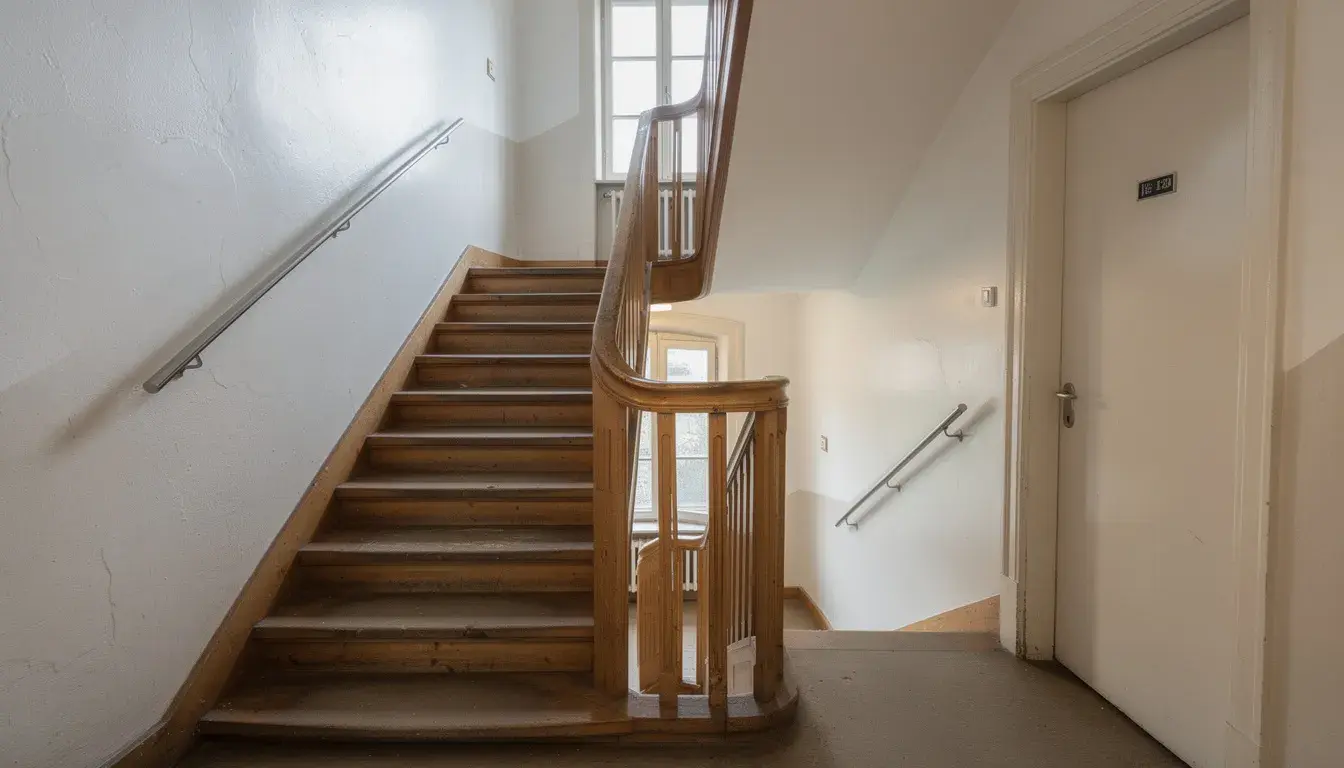 Das Bild zeigt ein enges Treppenhaus in einem typischen Zürcher Altbau, das mit einem eleganten Holzgeländer ausgestattet ist. Diese Umgebung ist ideal für Umzüge in Zürich, da sie den Charme der Stadt widerspiegelt und die Herausforderungen eines Umzugs in einem älteren Gebäude verdeutlicht.