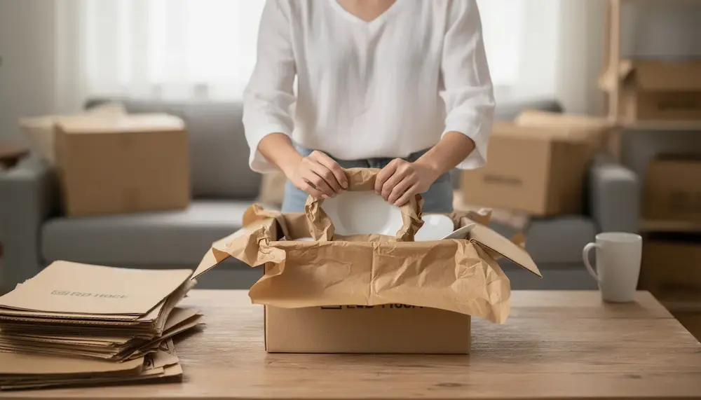 Eine Person packt sorgfältig Geschirr in einen Umzugskarton, während sie mit Packpapier das Geschirr schützt. Der Umzug wird durch diese sorgfältige Vorbereitung erleichtert, um die Umzugskosten und den Aufwand zu minimieren.