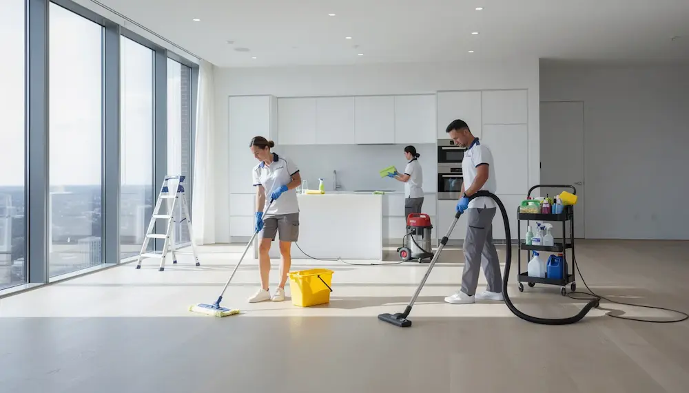 Ein professionelles Reinigungsteam arbeitet in einer leeren, modernen Wohnung und nutzt verschiedene Reinigungsgeräte, um die Räume für die Wohnungsübergabe vorzubereiten. Die Reinigung erfolgt nach hohen Standards, um sicherzustellen, dass die Wohnung in einwandfreiem Zustand für den Umzug ist.