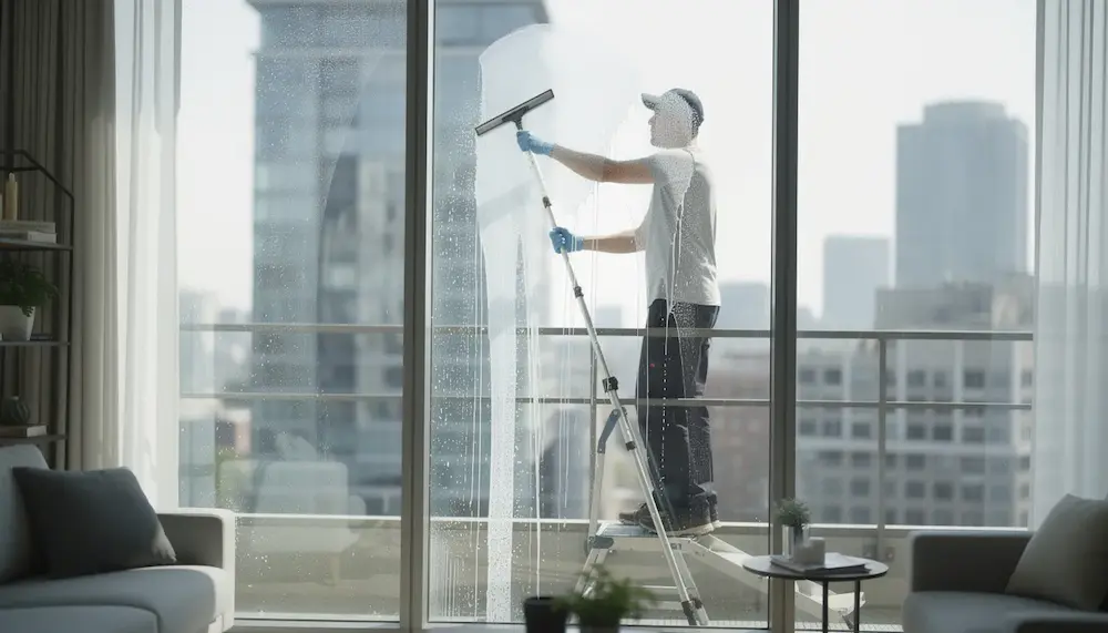 Ein Fensterputzer reinigt mit einem professionellen Abzieher große Fenster in einer Wohnung. Die Szene zeigt die sorgfältige Reinigung, die für eine gründliche Wohnungsübergabe oder Endreinigung notwendig ist.