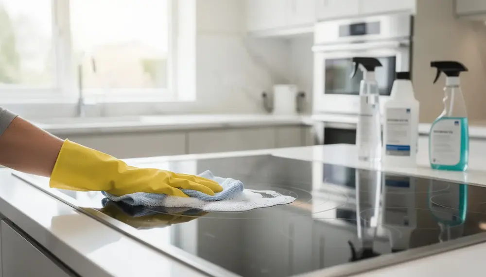 Eine Person reinigt den modernen Kochfeld in einer Küche mit professionellen Reinigungsmitteln. Die Szene zeigt, wie sorgfältig die Reinigung durchgeführt wird, um den perfekten Zustand für die Wohnungsübergabe sicherzustellen.
