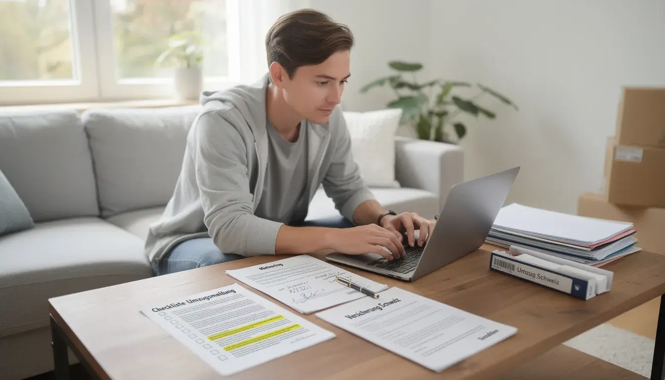 Eine Person sitzt in einem hellen Wohnzimmer und vergleicht Dokumente am Laptop, während sie sich auf ihren Umzug in die Schweiz vorbereitet. Auf dem Tisch liegen verschiedene Unterlagen, darunter eine Checkliste für die Umzugsmeldung und Informationen zu Mietverträgen und Versicherungen.