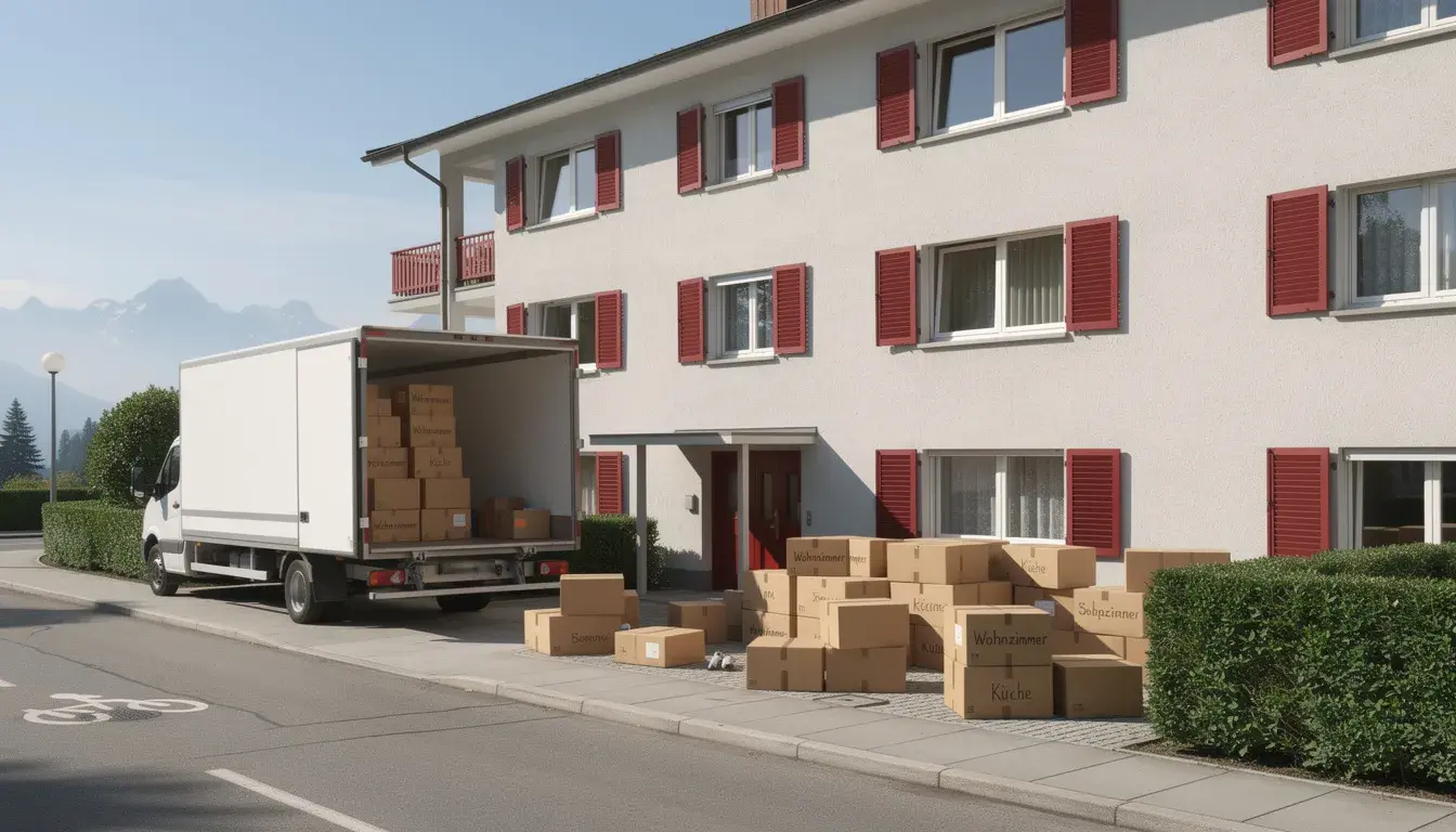 Ein Umzugswagen steht vor einem Mehrfamilienhaus in der Schweiz, während Kartons auf dem Gehweg bereitgestellt sind. Diese Szene zeigt die Vorbereitung für einen Umzug, bei dem Möbel und persönliche Gegenstände in die neue Wohnung transportiert werden.