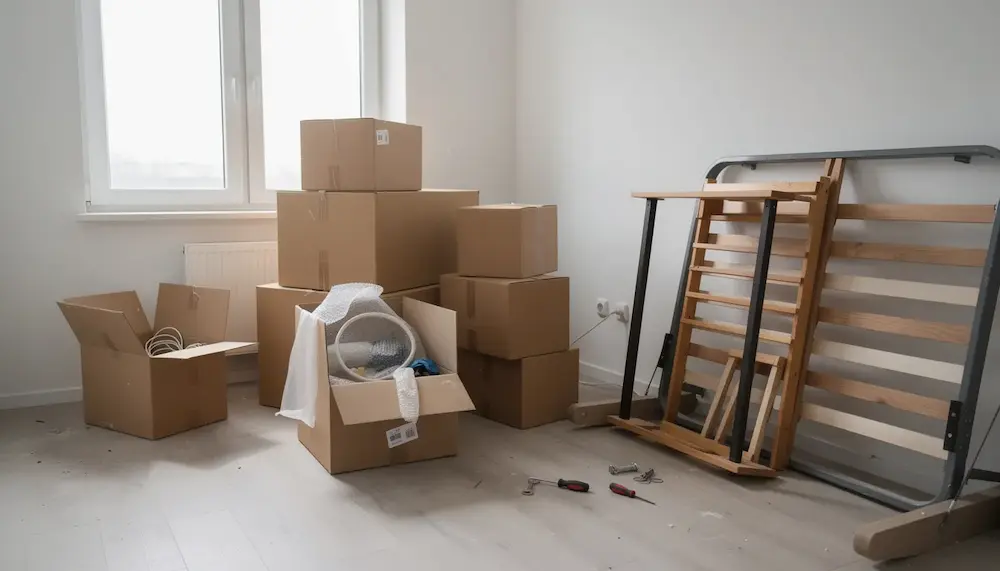 In der leeren Wohnung sind gestapelte Umzugskartons und zerlegte Möbelteile zu sehen, die auf einen bevorstehenden Wohnungsumzug in Zürich hinweisen. Diese Szene vermittelt den Eindruck von Vorbereitung und Organisation, die für einen reibungslosen Umzug mit einer Umzugsfirma erforderlich sind.