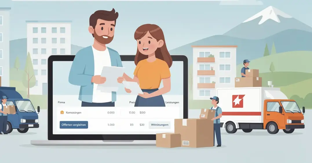 Das Bild zeigt eine Übersicht von kostenlosen Umzugsofferten von verschiedenen Umzugsfirmen in Zürich. Auf der Seite sind Angebote, Kontaktinformationen und Dienstleistungen wie Full-Service-Umzüge und Möbeltransport zu sehen, um den Nutzern bei der Planung ihres Umzugs in Zürich zu helfen.