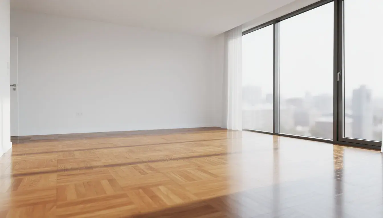 Das Bild zeigt eine leere, frisch gereinigte Wohnung mit glänzendem Parkettboden und großen Fenstern, durch die Tageslicht strömt. Diese Atmosphäre könnte ideal für die Wohnungsübergabe am letzten Tag der Mietdauer sein, wenn Mieter und Vermieter den Zustand der Mietwohnung überprüfen.
