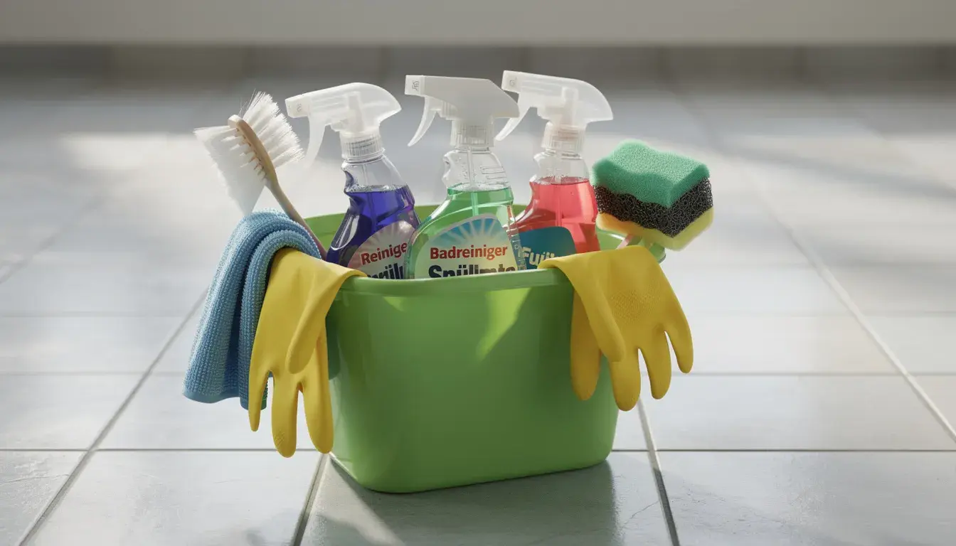 Ein Eimer mit verschiedenen Reinigungsmitteln und Putzutensilien steht auf einem Fliesenboden, bereit für die gründliche Reinigung im Rahmen der Wohnungsübergabe. Diese Vorbereitung ist wichtig, um den Zustand der Mietwohnung für die Übergabe an den Vermieter zu gewährleisten.