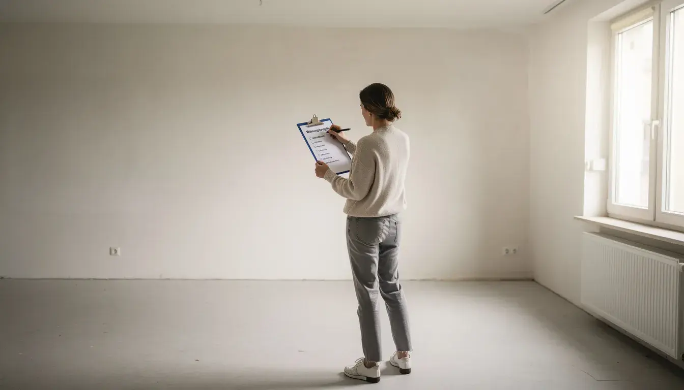 Eine Person steht in einer leeren Wohnung, hält ein Klemmbrett mit einer Checkliste zur Wohnungsübergabe in der Hand und überprüft den Zustand der Wände und Fenster. Der Raum ist unmöbliert und dient der Vorbereitung auf die Wohnungsabnahme, während die Person die Punkte zur Abnahme und mögliche Mängel kontrolliert.