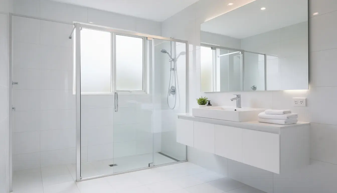 Das Bild zeigt ein modernes Badezimmer, das nach einer professionellen Wohnungsreinigung strahlend sauber ist. Die glänzenden Armaturen und die makellosen Oberflächen vermitteln ein Gefühl von Sauberkeit und Frische.