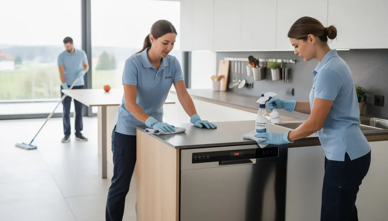 Ein professionelles Reinigungsteam arbeitet in einer modernen Schweizer Küche, während sie verschiedene Reinigungsmittel verwenden, um Oberflächen, Küchenschränke und Böden gründlich zu reinigen. Die Sauberkeit und der Aufwand für die Wohnungsreinigung in Zürich sind deutlich sichtbar, während die Reinigungskräfte effizient ihre Aufgaben erledigen.
