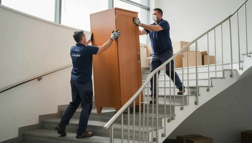 Zwei professionelle Umzugshelfer tragen einen schweren Schrank durch ein enges Treppenhaus. Diese Szene zeigt den typischen Aufwand eines Umzugs, bei dem Möbel sicher und effizient transportiert werden müssen.