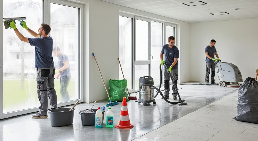 Baufeinreinigung: Fenster, Industriesauger und Bodenmaschine vor dem Bezug