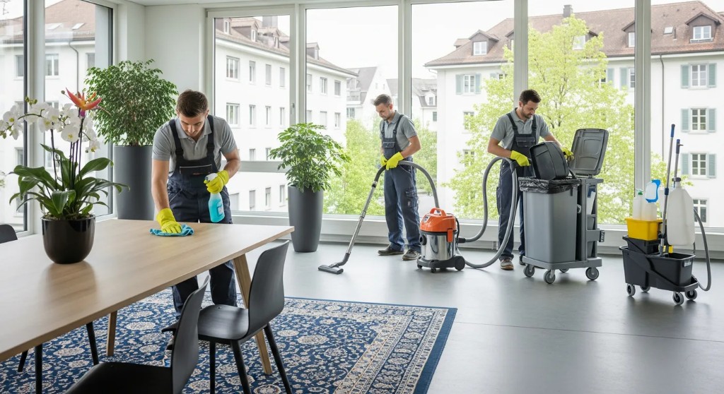 Unterhaltsreinigung vor Ort: Team mit Wagen, Sauger und wöchentlicher Liste