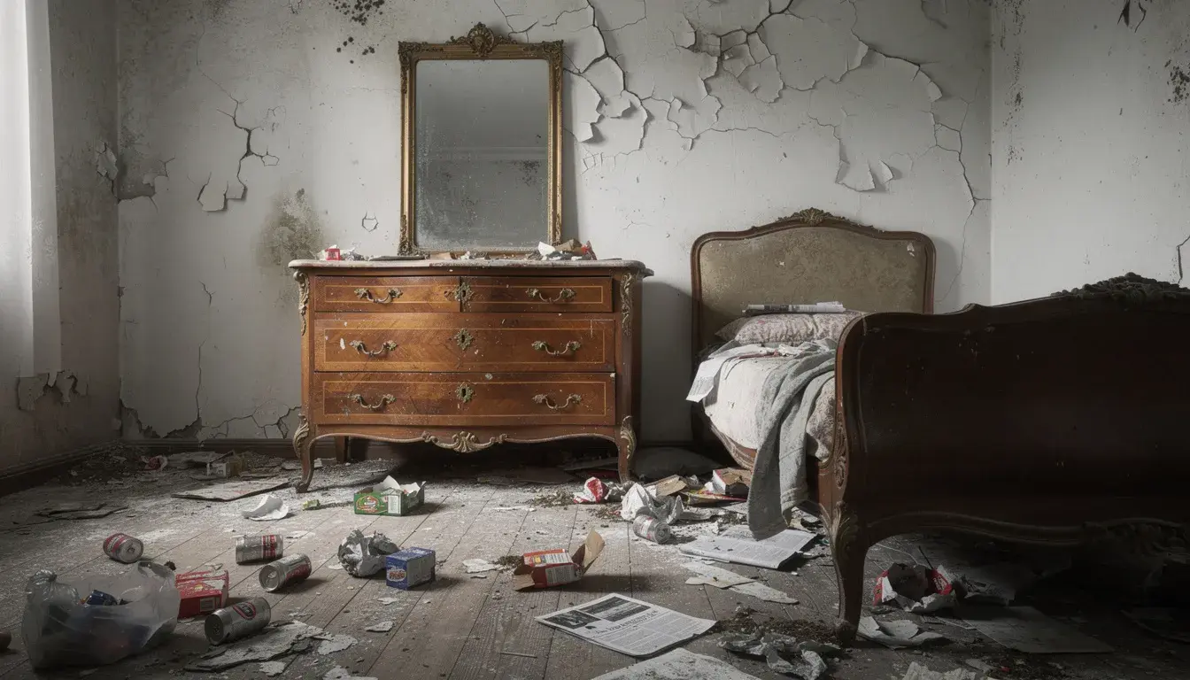 Das Bild zeigt links eine chaotische, vermüllte Wohnung während der Wohnungsräumung, in der zwei Arbeiter mit Schutzmasken mit der Entsorgung von Unrat und Antiquitäten beginnen. Rechts ist die gleiche Wohnung nach der Räumung zu sehen, komplett leer und sauber, mit frisch gestrichenen Wänden und zufriedenen Arbeitern, die im hellen Tageslicht lächeln.