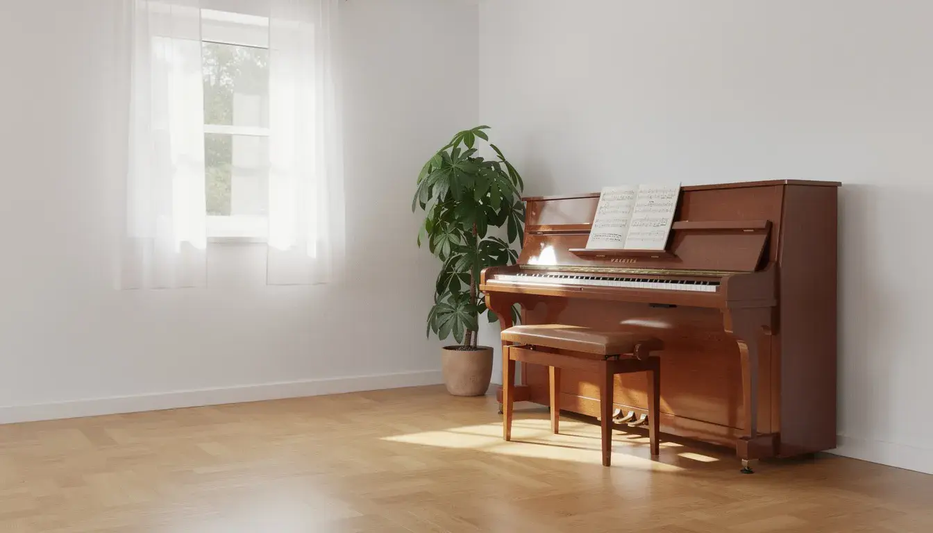 Ein eleganter schwarzer Konzertflügel, professionell für den Transport verpackt, steht in einem hellen Schweizer Wohnzimmer. Das Klavier ist mit dicken weißen Schutzdecken und roten Spanngurten gesichert, um einen sicheren Transport zu gewährleisten, während große Fenster Tageslicht in den stilvollen Raum lassen.