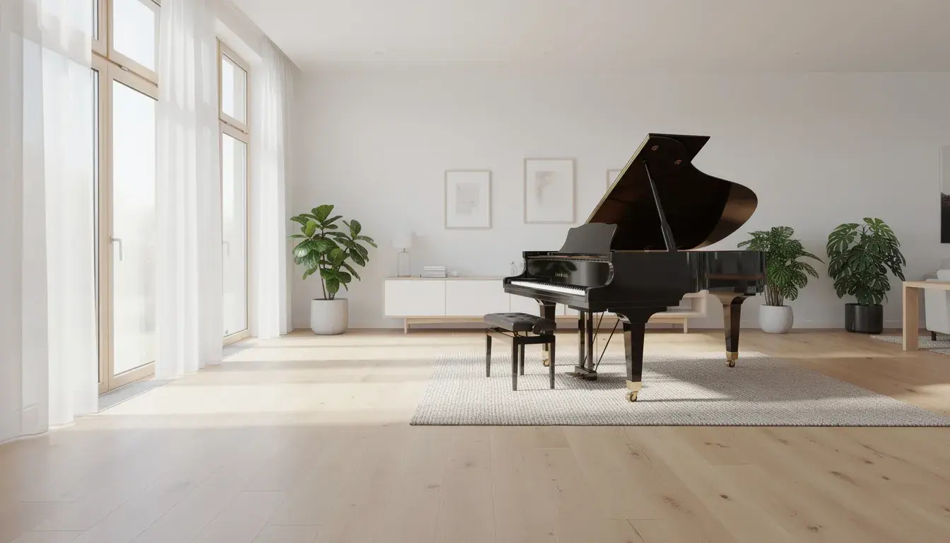 In einem hellen Wohnzimmer steht ein eleganter Flügel, der viel Platz einnimmt und harmonisch in die Umgebung integriert ist. Der Raum strahlt eine einladende Atmosphäre aus, die ideal für musikalische Darbietungen oder entspannte Stunden am Klavier ist.